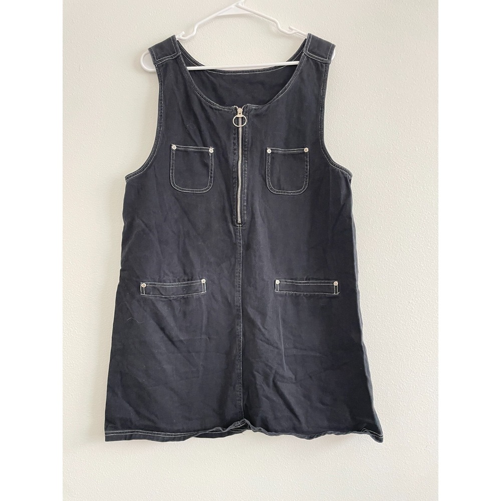 Vintage 90s Denim Mini Dress Women L Black Chore Pockets 1/4 Zip Jumper‎